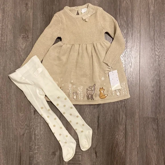 baby winter animal sweat dress Max Studio | Matching Sets | Max Studio Baby Winter Animal Sweater Dress  And Polkadot Pantyhose